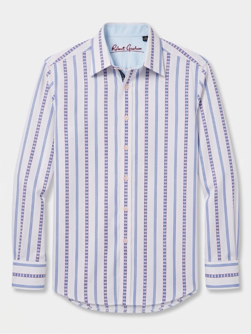 Robert Graham White Gingham Button Front Shirt with Blue & Red Vertical Stripes,
